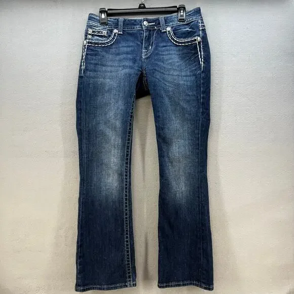 Miss Me Jeans Women's 27x31 (4) Blue Easy Boot Embellished Fleur de Lis Blingy - Picture 3 of 15